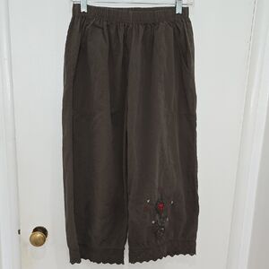 Embroidered Khaki Green Baggy Wide-Leg Embroidered Cottagecore Boho Pants